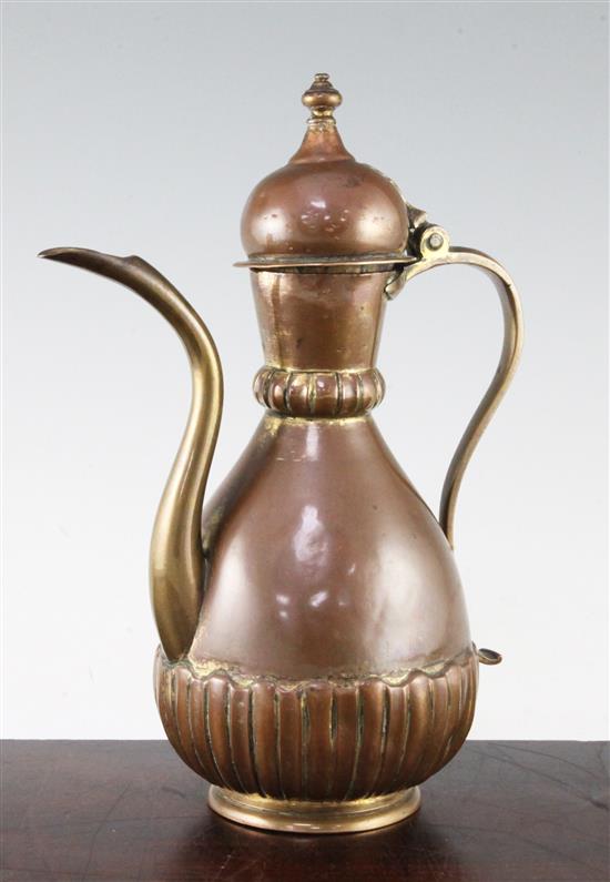 An Ottoman Tombak ewer and cover, Turkey c.1800, 28.5cm, remnants of gilding